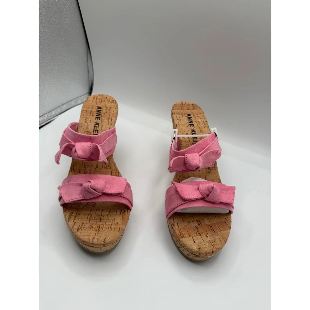 Anne Klein Pink Bow Cork‎ Wedge Sandals Womens Platform Slide Mules